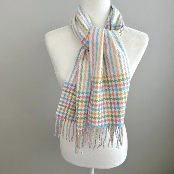 Merona Houndstooth Cream Colorful Woven Winter Scarf 48”x11” Fringed Germany - Picture 2 of 5